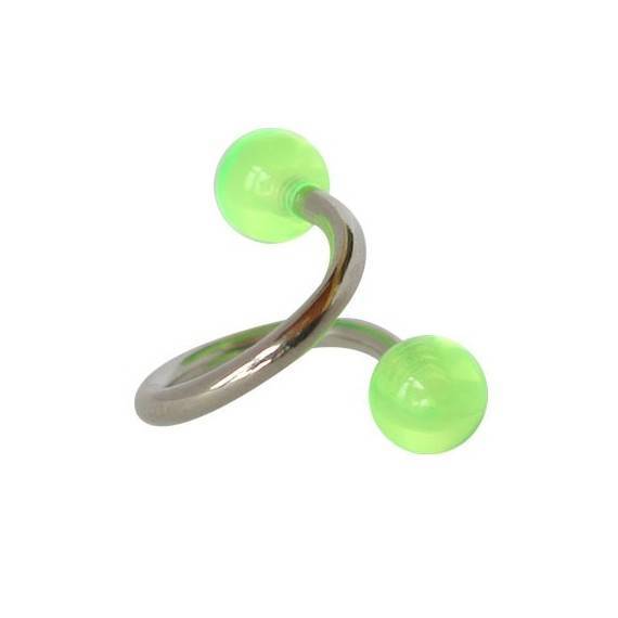 Piercing ombligo en forma de espiral de acero quirúrgico con bolas verdes. GES9-10