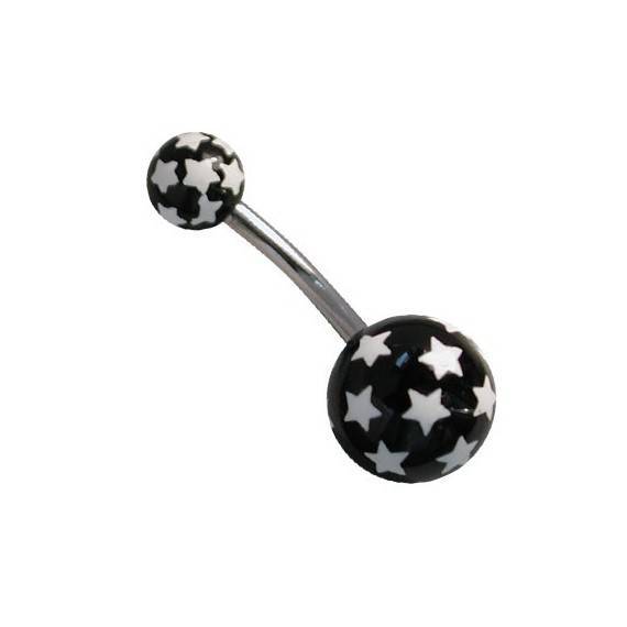 Piercing ombligo, color negro y estrellas blancas, bolas de plástico. GO60-7