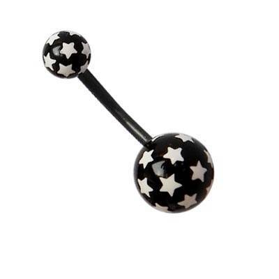 Piercing ombligo negro con estrellas blancas de plástico con palo flexible. GO60-35