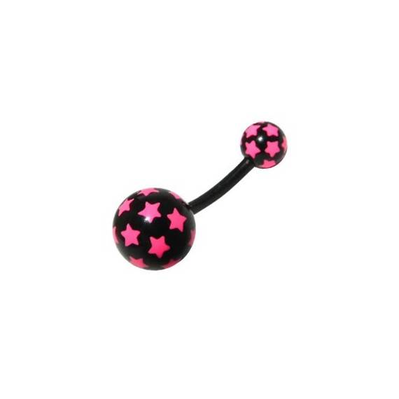 Piercing ombligo negro con estrellas rosas de plástico con palo flexible. GO60-61