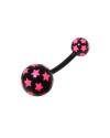 Piercing ombligo negro con estrellas rosas de plástico con palo flexible. GO60-61