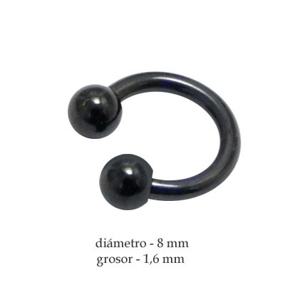Piercing pezón aro abierto con dos bolas, grosor 1,6mm, diámetro 8mm, color negro.