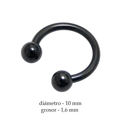 Piercing pezón aro abierto con dos bolas, grosor 1,6mm, diámetro 10mm, color negro.