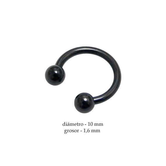 Piercing pezón aro abierto con dos bolas, grosor 1,6mm, diámetro 10mm, color negro.