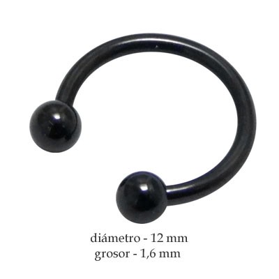 Piercing pezón aro abierto con dos bolas, grosor 1,6mm, diámetro 12mm, color negro.