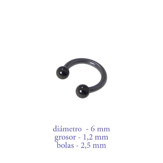 Piercing oreja, tragus, cartílago, aro abierto negro con dos bolas, 6mm de diámetro