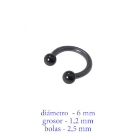 Piercing oreja, tragus, cartílago, aro abierto negro con dos bolas, 6mm de diámetro