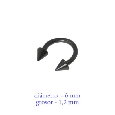 Piercing oreja, tragus, cartílago, aro abierto negro con dos conos, 6mm de diámetro