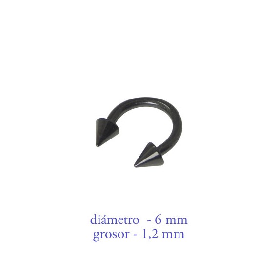 Piercing oreja, tragus, cartílago, aro abierto negro con dos conos, 6mm de diámetro