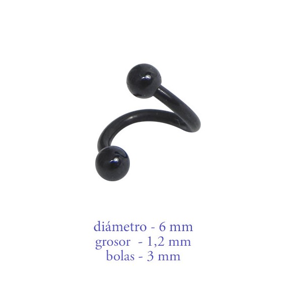 Piercing oreja, tragus, cartílago en forma de espiral negra, 6mm de diámetro