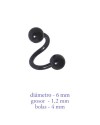 Piercing oreja, tragus, cartílago en forma de espiral negra, 6mm de diámetro