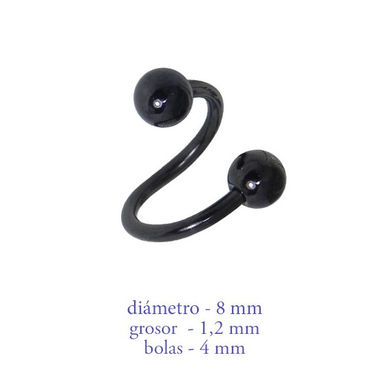 Piercing oreja, tragus, cartílago en forma de espiral negra, 8mm de diámetro