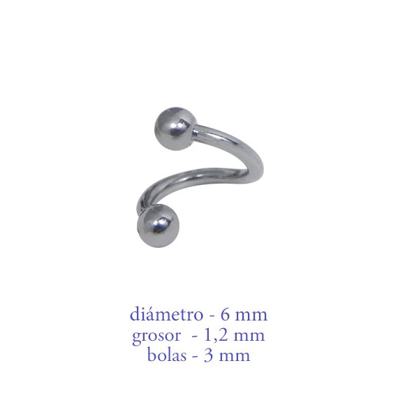 Piercing oreja, tragus, cartílago en forma de espiral con dos bolas, 6mm de diámetro