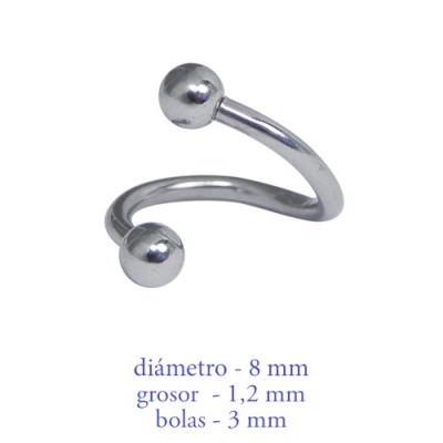 Piercing oreja, tragus, cartílago en forma de espiral con dos bolas, 8mm de diámetro