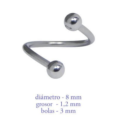 Piercing oreja, tragus, cartílago en forma de espiral con dos bolas, 10mm de diámetro