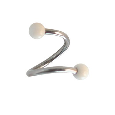Piercing oreja, tragus, cartílago en forma de espiral con dos bolas blancas, 8mm de diámetro