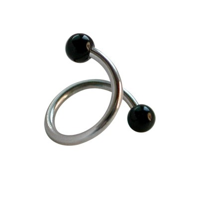 Piercing oreja, tragus, cartílago en forma de espiral con dos bolas negras, 8mm de diámetro