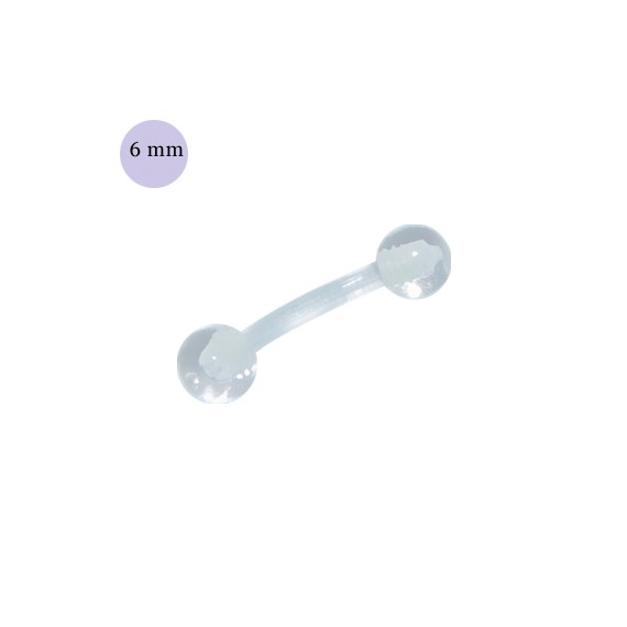 Piercing oreja, tragus, helix y cartílago de bioplast flexible transparente, palo curvado, largo 6mm y bolas 3mm