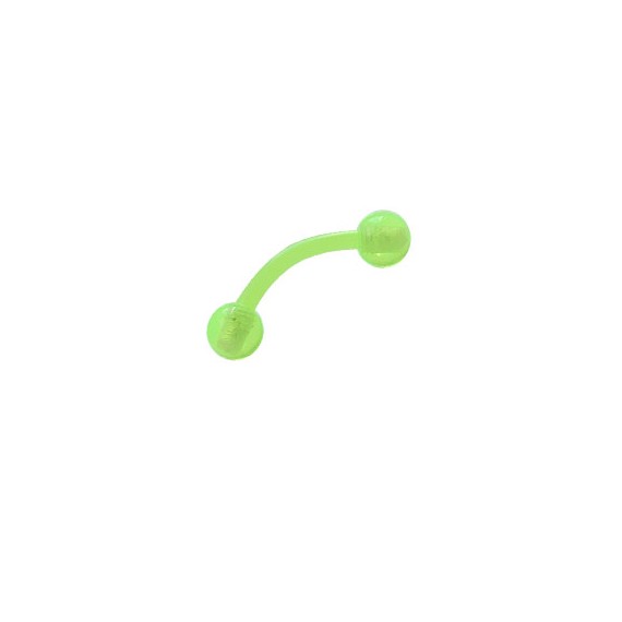Piercing oreja, tragus, helix y cartílago de bioplast flexible verde fosforescente, palo curvado, largo 6mm y bolas 3mm