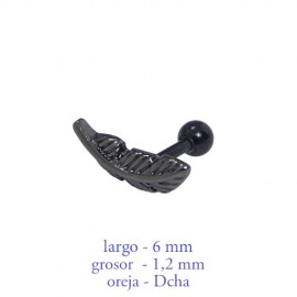 Piercing oreja, tragus, cartílago y lóbulo derecho, pluma negra 11mm de acero, largo 6mm