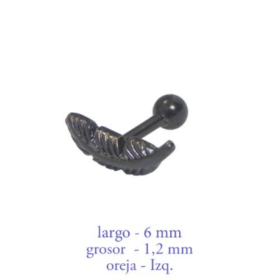 Piercing oreja, tragus, cartílago y lóbulo izquierdo, pluma negra 11mm de acero, largo 6mm