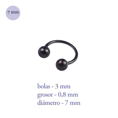 Aro nariz con dos bolas de acero negro, diámetro 7mm, grosor 0,8mm, bolas 3mm