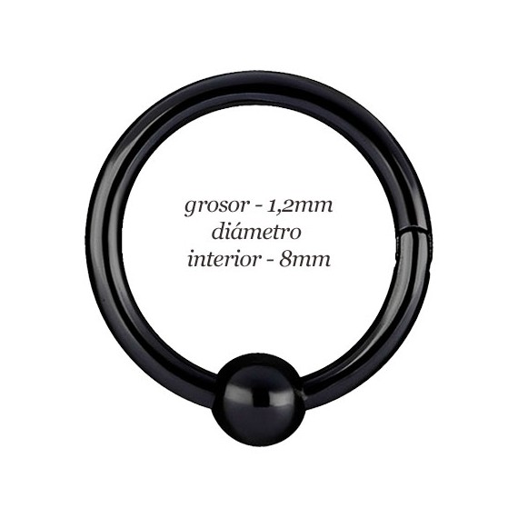 Aro hélix oreja con bola, liso negro, cierre bisagra con click, 8mm, grosor 1,2mm