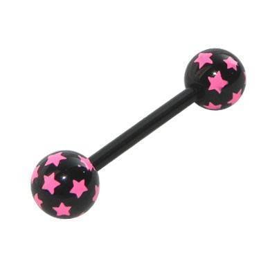 Piercing lengua palo flexible, bolas negras con estrellas rosas. GLE22-49